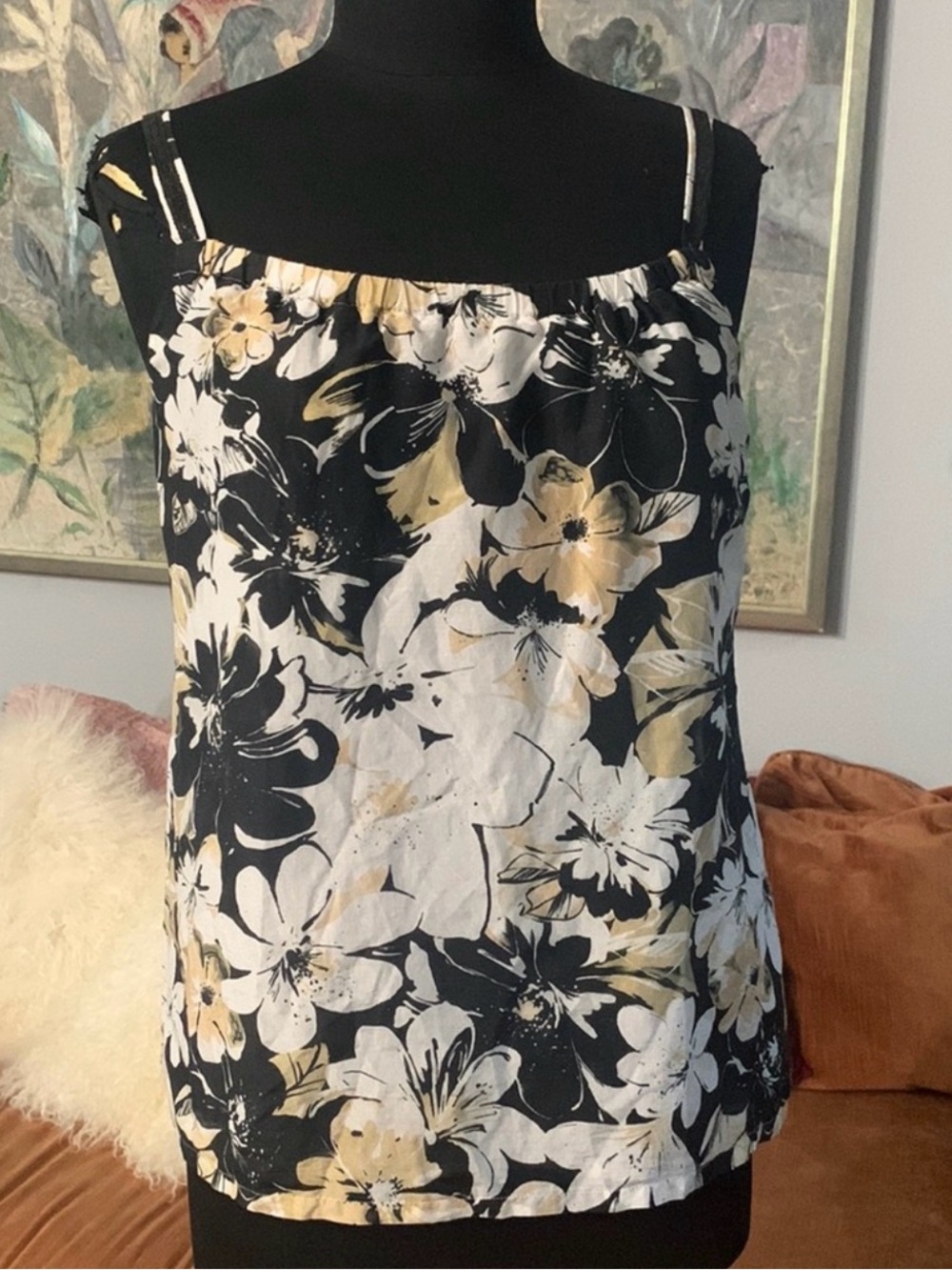Tommy Bahama Black Floral Spaghetti Strap Camisole blouse with Gold Accents